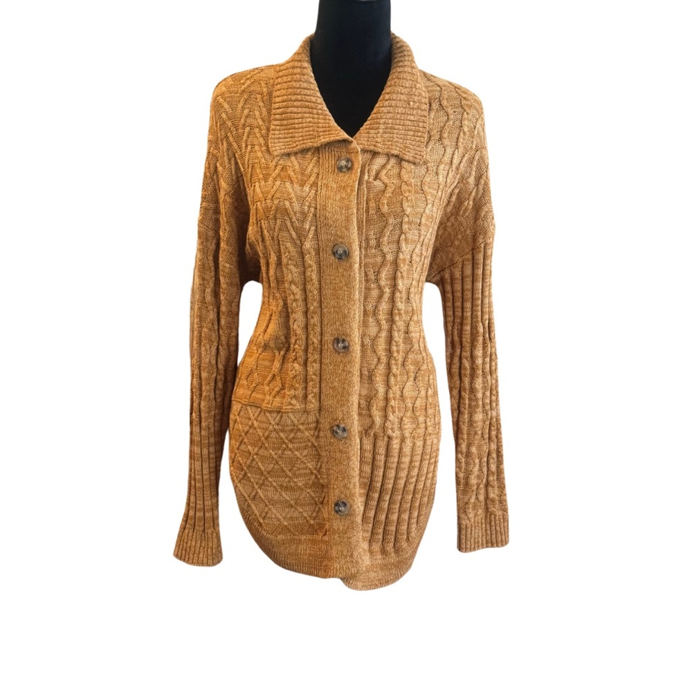 Sonoma Women’s Tan Button Down Knit Cardigan Sweater Cable Knit Size Medium